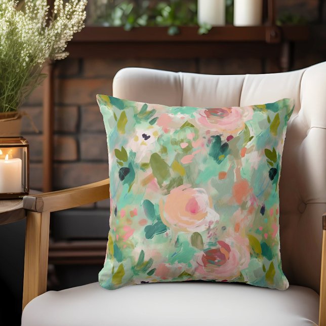 Pink Green Abstract Painting Floral Pattern Throw Pillow (Creator Uploaded)