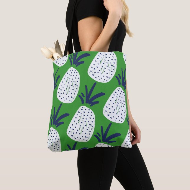 Pink & Green Abstract Pineapple & Cactus Pattern Tote Bag (Close Up)