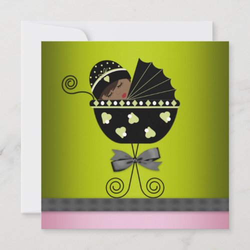Pink Green African American Baby Girl Shower Personalized Announcements