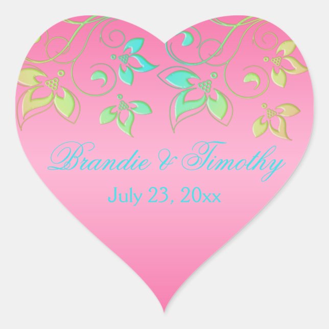 Pink, Green and Aqua Floral 1.5" Heart Sticker (Front)