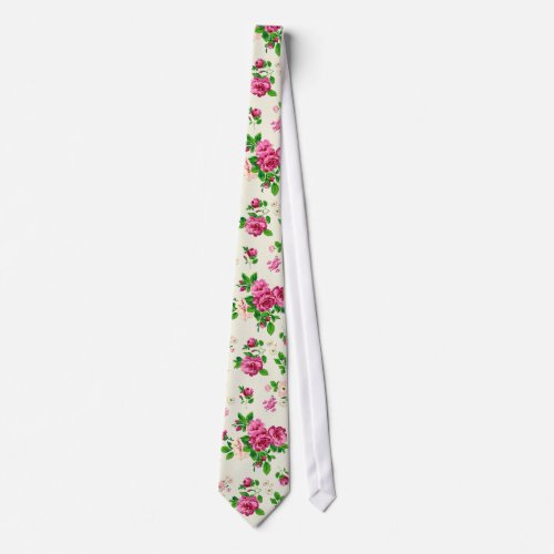 Pink Green And Beige Vintage Floral Design Neck Tie