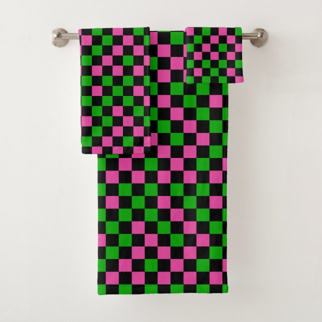 Pink Green And Black Checkered Pattern  Bath Towel Set (Insitu)