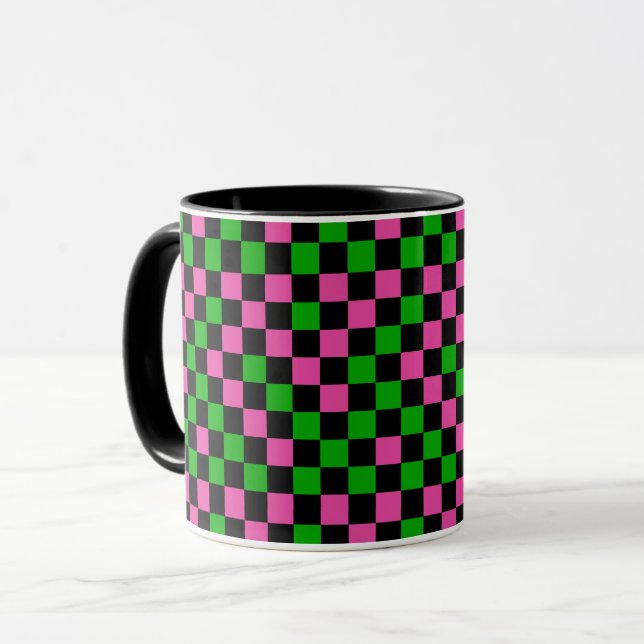 Pink Green And Black Checkered Pattern  Mug (Front Left)