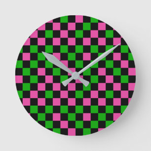 Pink Green And Black Checkered Pattern Round Clock