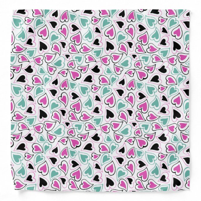 Pink Green and Black Modern Hearts Pattern Bandana (Front)