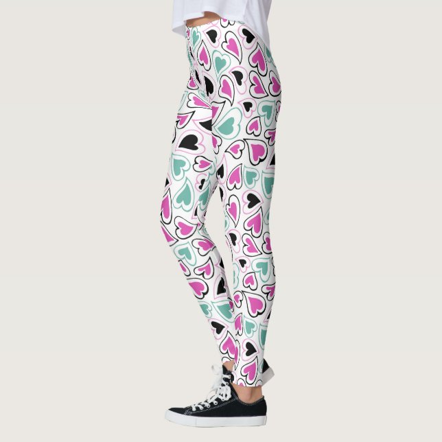 Pink, Green and Black Modern Hearts Pattern Leggings (Left)