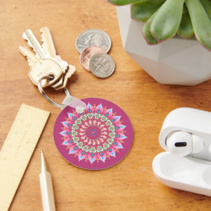 Pink, Green And Blue Flower Mandala Keychain