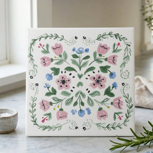 Pink, Green and Blue Folk Art Floral Decorative Ceramic Tile