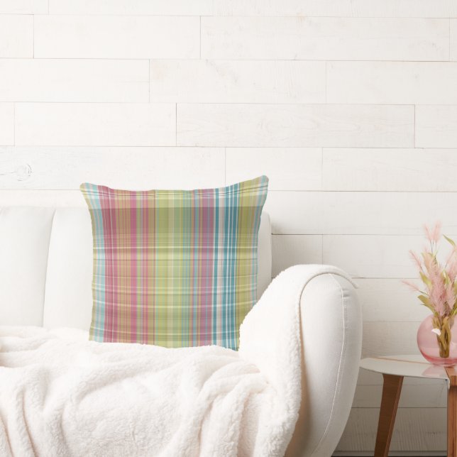 Pink, Green and blue Plaid Throw Pillow (Couch)