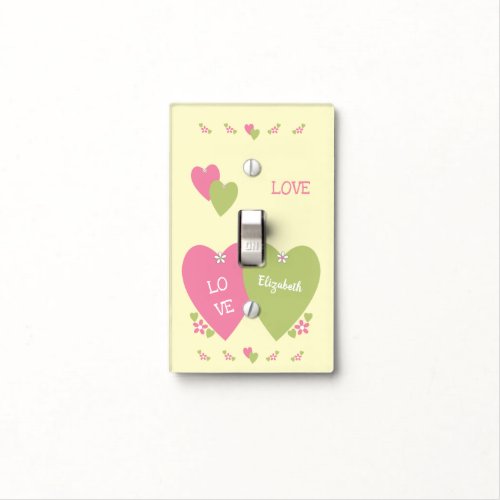 Pink green and cream with hearts flowers and name light switch cover