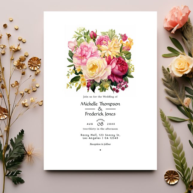 Pink, Green and Gold Floral Spring Wedding Invitation (Creator Uploaded)