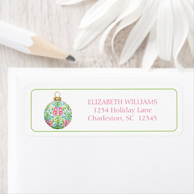 Pink Green and Navy Blue Chinoiserie Christmas Label (Insitu)