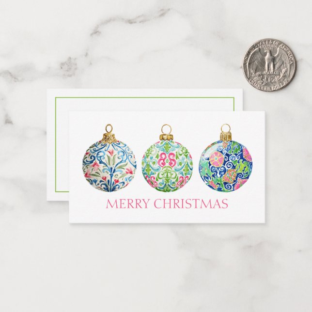 Pink Green and Navy Blue Chinoiserie Christmas Note Card (Front/Back In Situ)