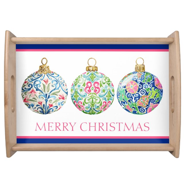 Pink Green and Navy Blue Chinoiserie Christmas Serving Tray (Front)