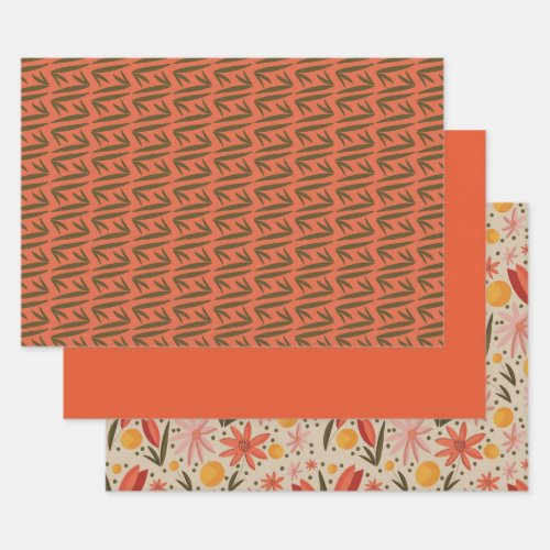 Pink Green and Orange Floral and Pattern Wrapping Paper Sheets