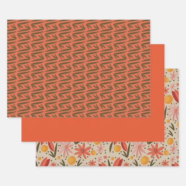 Pink, Green and Orange Floral and Pattern Wrapping Paper Sheets (Set)