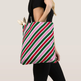 Pink Green and Red Christmas Candy Cane Stripes Tote Bag