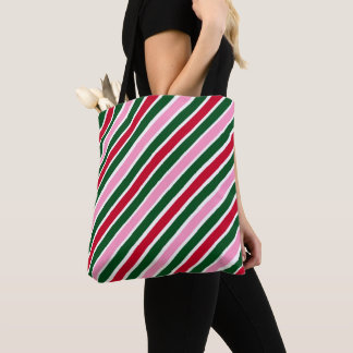 Pink Green and Red Christmas Candy Cane Stripes Tote Bag