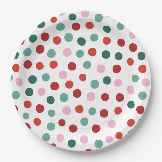 Pink, Green and Red Confetti Christmas Kids Paper Plates (Front)