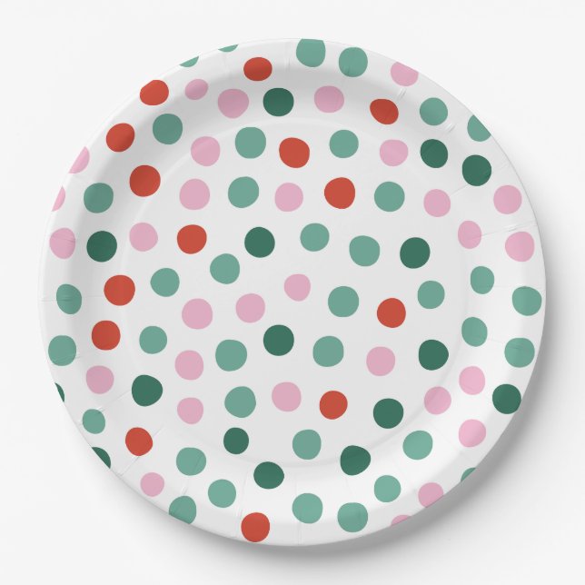 Pink, Green and Red Modern Christmas Fun Paper Plates (Front)