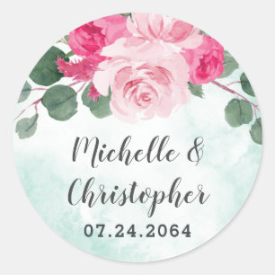 Pink Green and Silver Watercolor Floral Wedding Classic Round Sticker