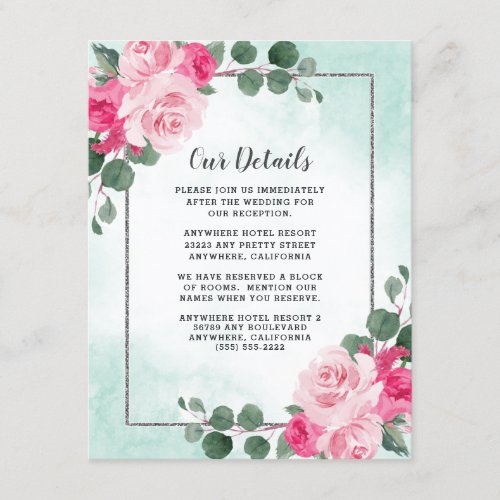 Pink Green and Silver Watercolor Floral Wedding Enclosure Card