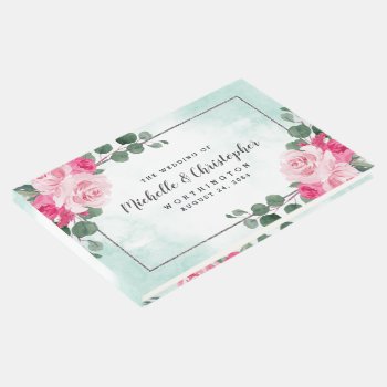 Pink Green And Silver Watercolor Floral Wedding Guest Book by RusticWeddings at Zazzle