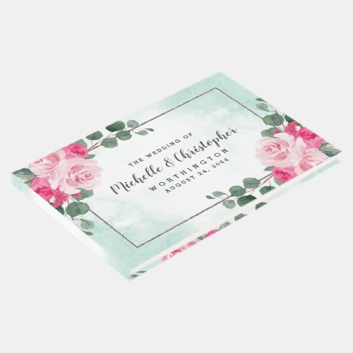 Pink Green and Silver Watercolor Floral Wedding Guest Book