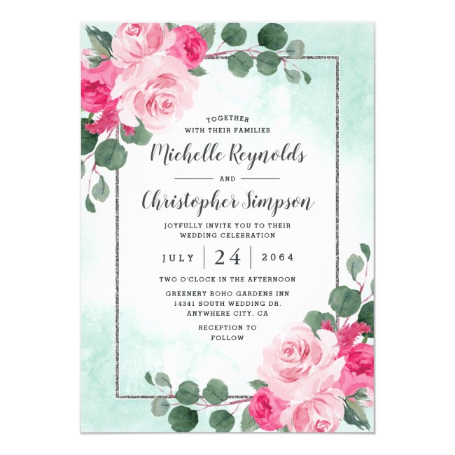 Pink Green and Silver Watercolor Floral Wedding Invitation