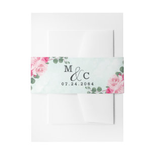 Pink Green and Silver Watercolor Floral Wedding Invitation Belly Band