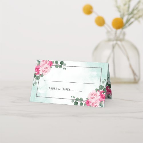 Pink Green and Silver Watercolor Floral Wedding Place Card