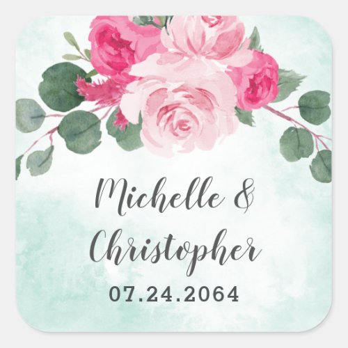 Pink Green and Silver Watercolor Floral Wedding Square Sticker