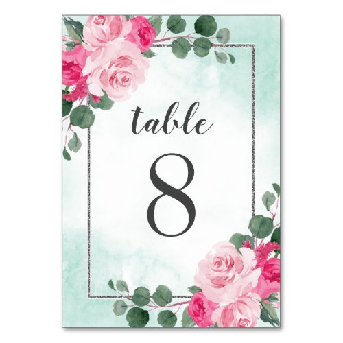 Pink Green and Silver Watercolor Floral Wedding Table Number
