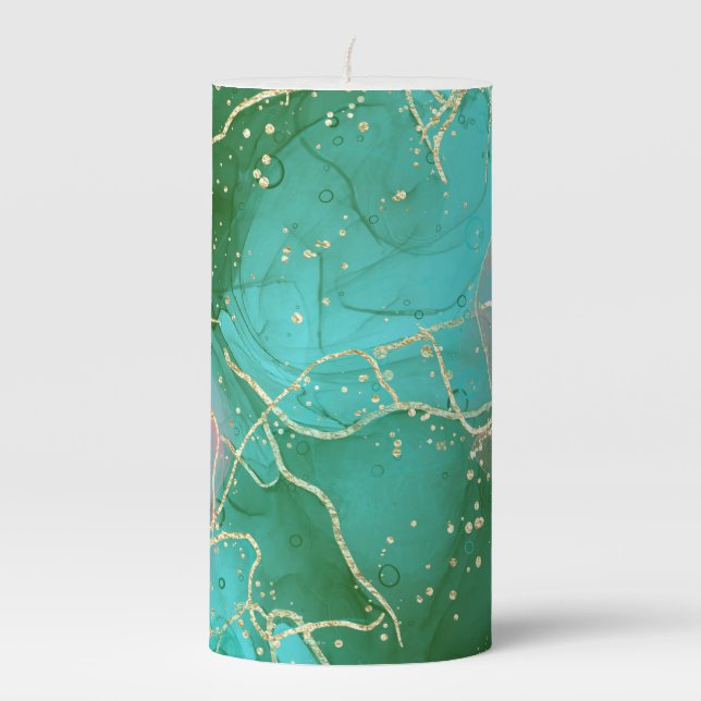 Pink, green, and teal alcohol ink pillar candle (Front)