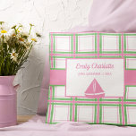 Pink, Green and White Nautical Themed Throw Pillow<br><div class="desc">This throw pillow is ready to be personalized with a baby's name and birth date,  and has a fun pink,  green and white plaid pattern with a pink sailboat accent.</div>