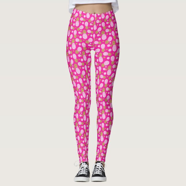 Pink green and white pineapple flower leggings (Front)