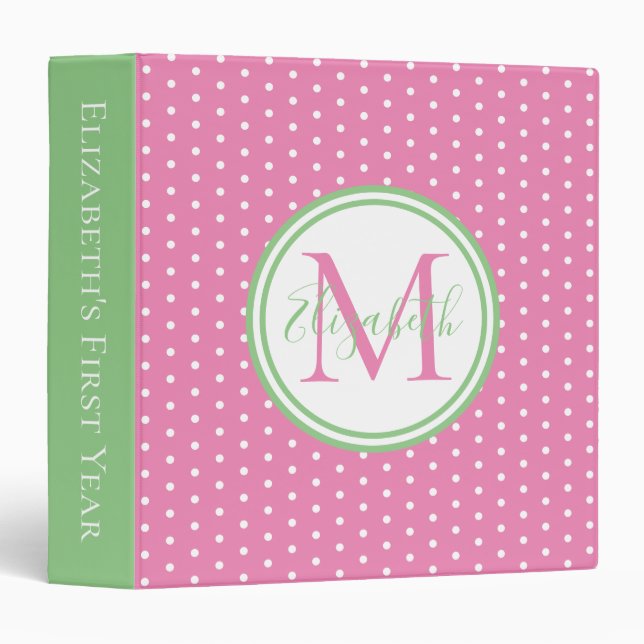 Pink Green and White Polka Dot Monogram Memory 3 Ring Binder (Front/Spine)