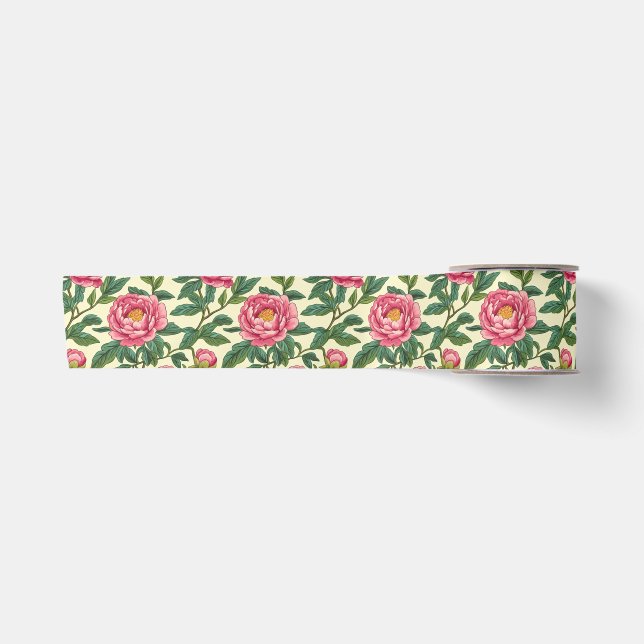 Pink, Green and Yellow Chinoiserie Floral Satin Ribbon (Front)