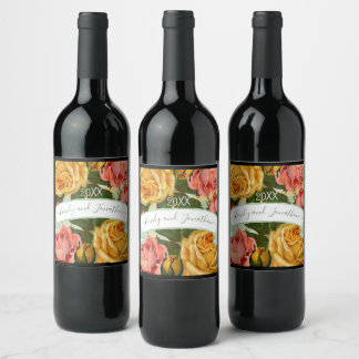 Pink Green and Yellow Floral Rose Wedding Seal Wine Label