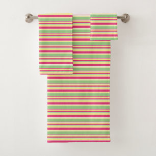 Pink, green and yellow stripes bath towel set
