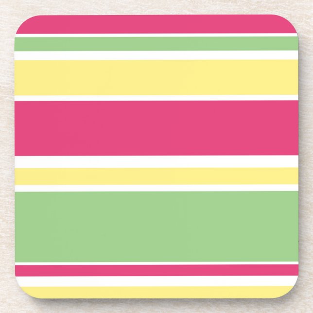 Pink, green and yellow stripes beverage coaster (Front)