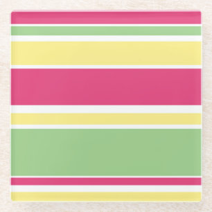 Pink, green and yellow stripes glass coaster