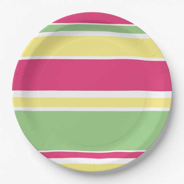 Pink, green and yellow stripes paper plates (Front)
