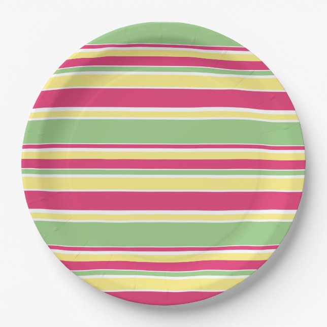 Pink, green and yellow stripes paper plates (Front)