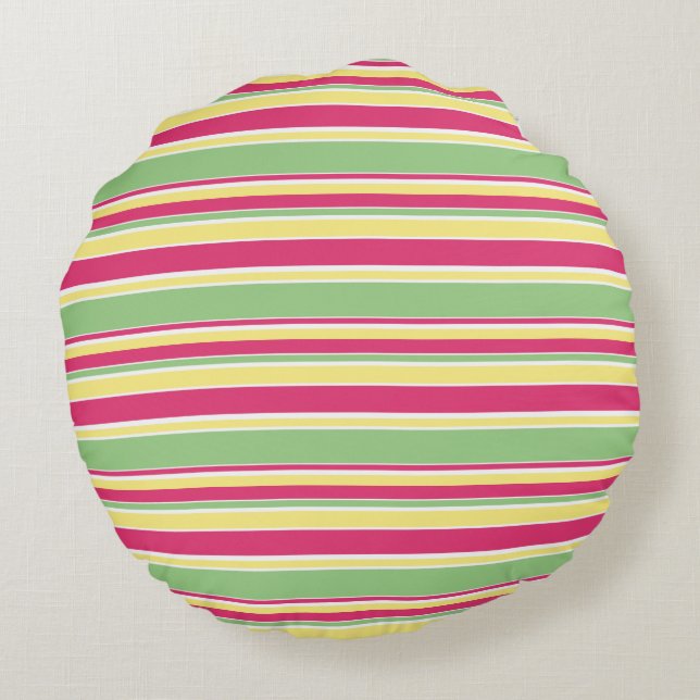 Pink, green and yellow stripes round pillow (Back)