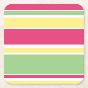 Pink, green and yellow stripes square paper coaster