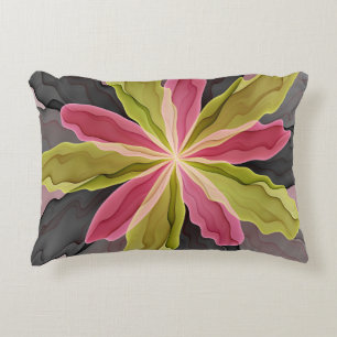 Pink Green Anthracite Fantasy Flower Fractal Art Accent Pillow