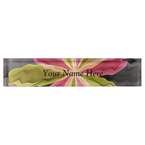 Pink Green Anthracite Fantasy Flower Fractal Art Desk Name Plate