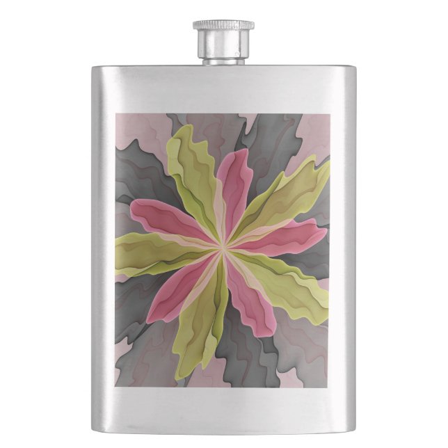 Pink Green Anthracite Fantasy Flower Fractal Art Flask (Front)