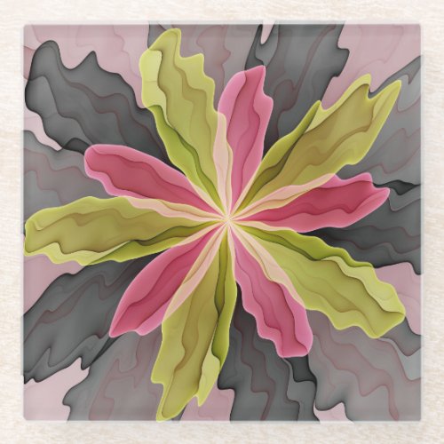 Pink Green Anthracite Fantasy Flower Fractal Art Glass Coaster